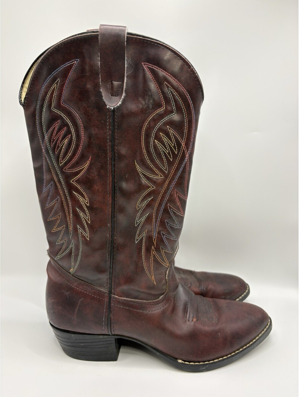 Bronco Burgundy Faux Leather Cowboy Boots Men 9.5 EE Pull On Western Made in USA